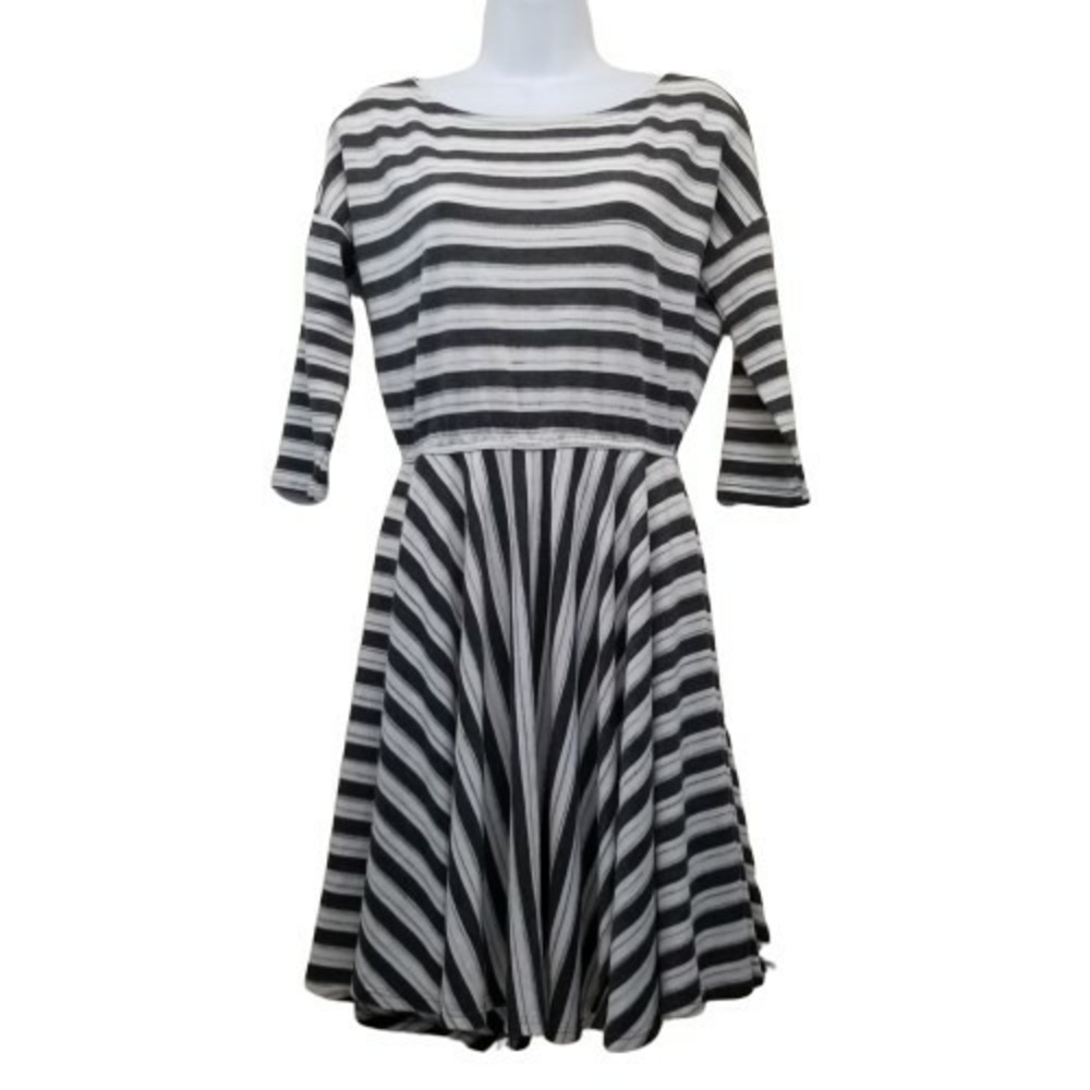 Puella S Dress Gray White Striped Anthropologie‎ Swing Fit Flare Mini Academia